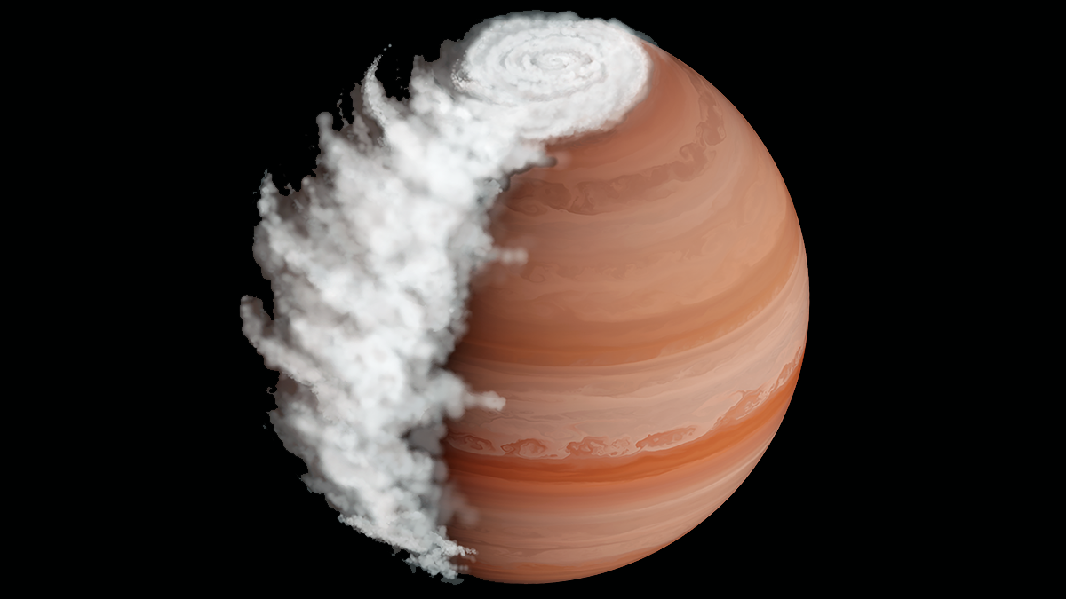 An artist’s interpretation of a reddish planet shows clouds swirling at its top and trailing down its left side.