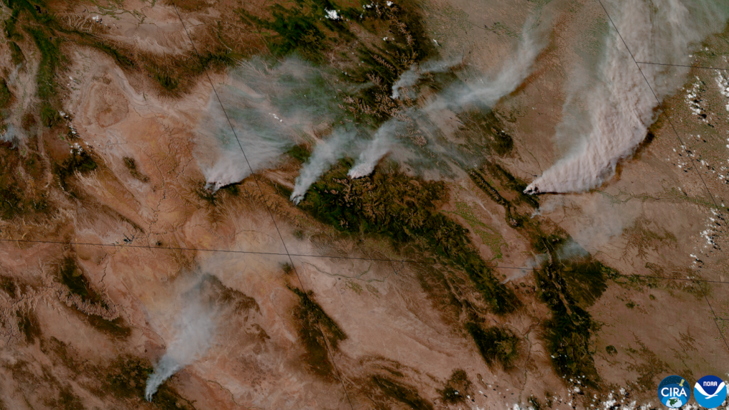Plumes of wildfire smoke are seen in the U.S. Four Corners area in this satellite image.