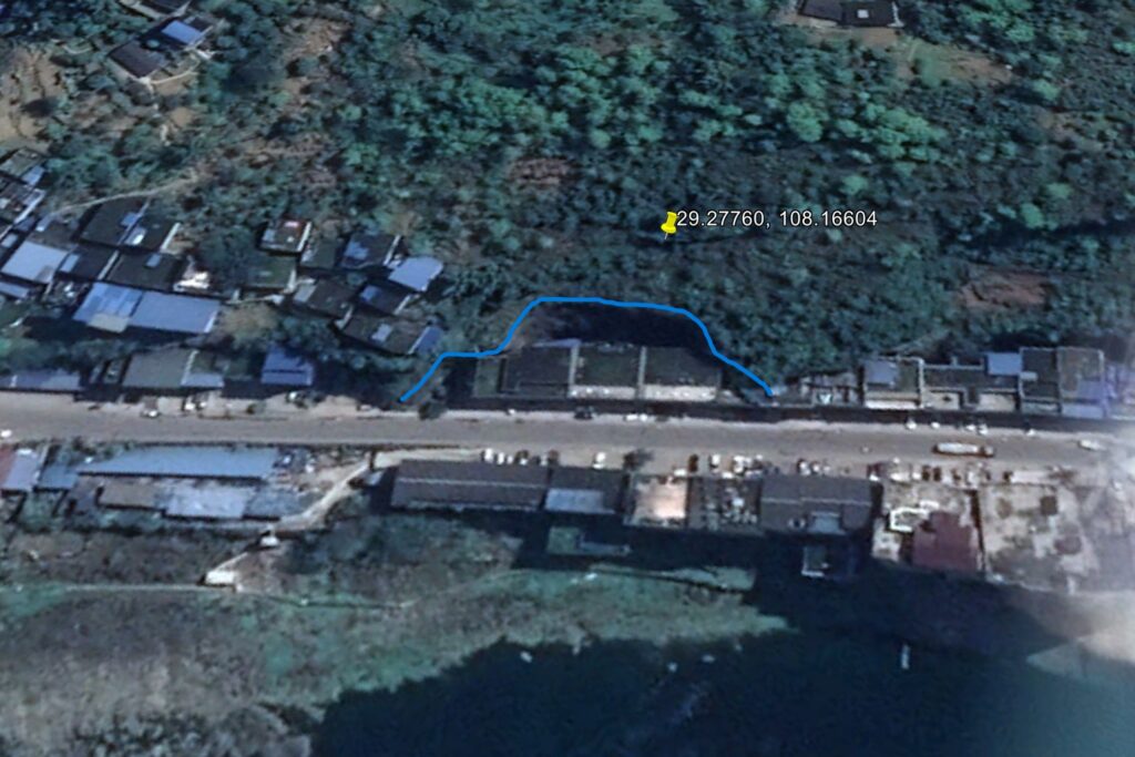 Annotated Google Earth image from 2018 showing the site of the 17 July 2026 landslide at Hanjia in Chongqing, China.