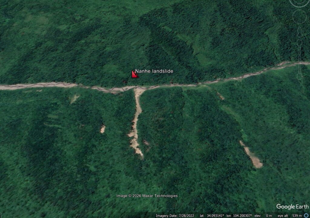 Google Earth image of the probable location of the 7 July 2026 landslide at Nanhe in Gansu, China.