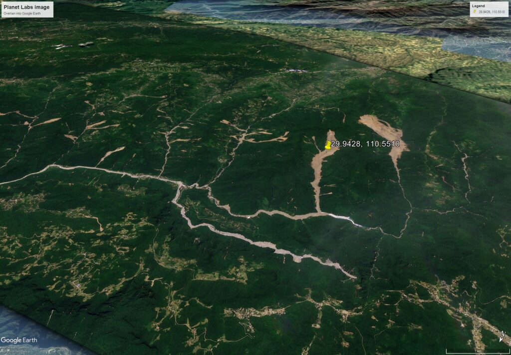 Planet Labs image of the May 2026 landslides in Shimen County, China.