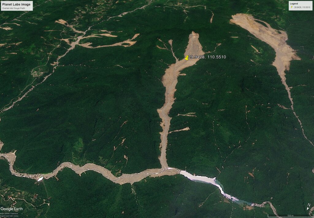 Planet Labs image of one of the May 2026 landslides in Shimen County, China.
