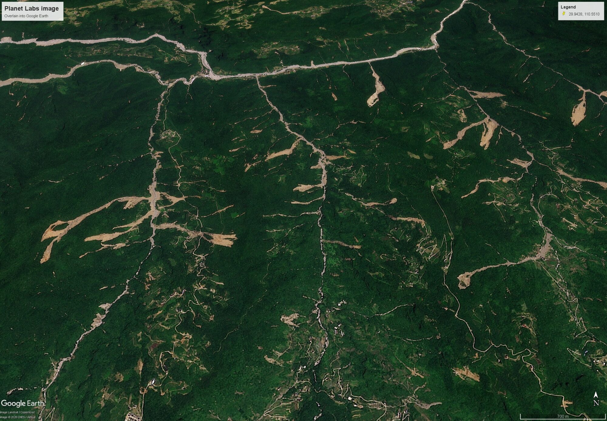 Planet Labs image of the smaller May 2026 landslides in Shimen County, China.