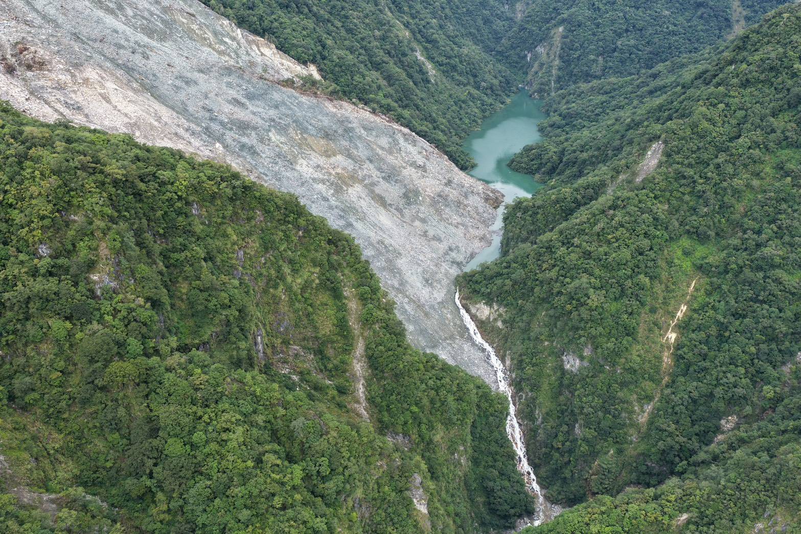 Aerial image of the Wanlixi landslide and lake as of 30 July 2026.