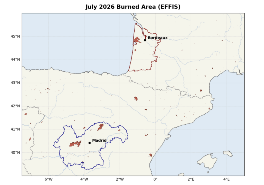 A map shows central Spain and southwestern France. Two study areas are outlined in blue (Spain) and red (France), and burned areas are shaded in red.
