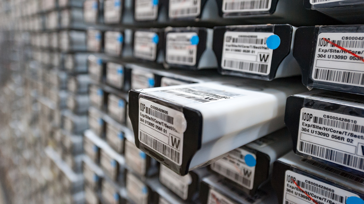 Photograph of a wall of core archives.
