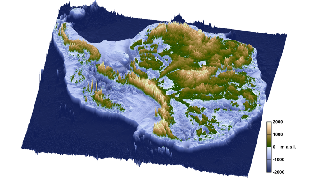 A map shows the topography of Antarctica under its ice sheets. Elevations range from 2,000 meters below sea level to 2,000 meters above sea level.