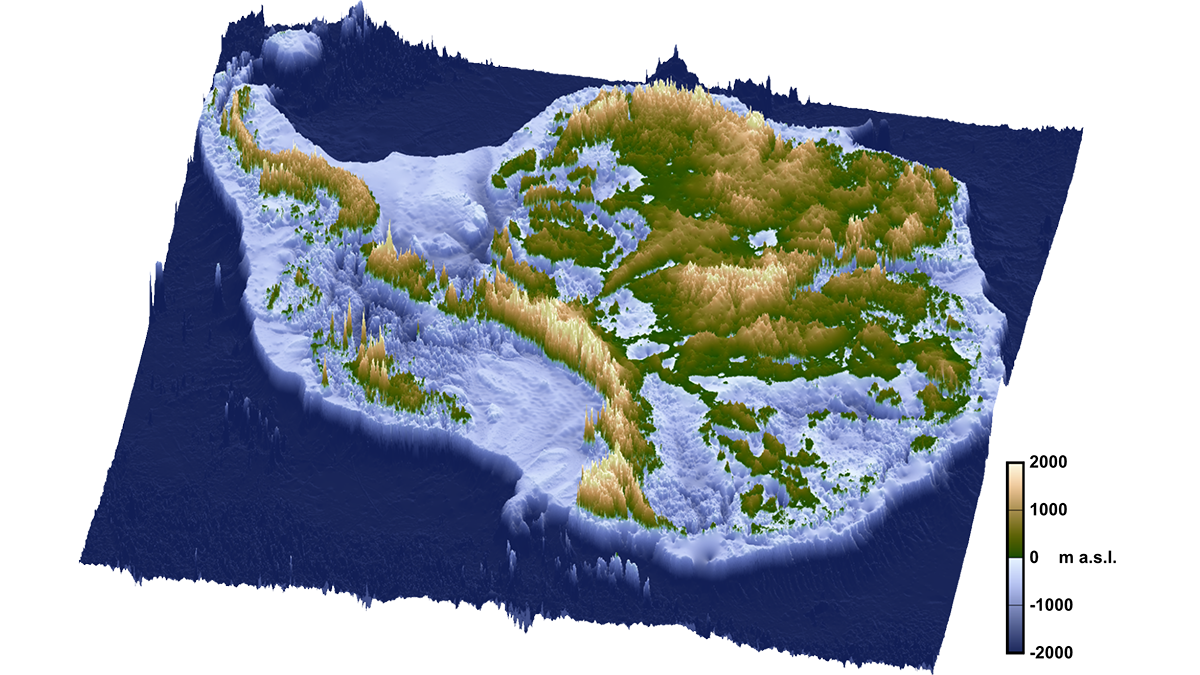 A map shows the topography of Antarctica under its ice sheets. Elevations range from 2,000 meters below sea level to 2,000 meters above sea level.