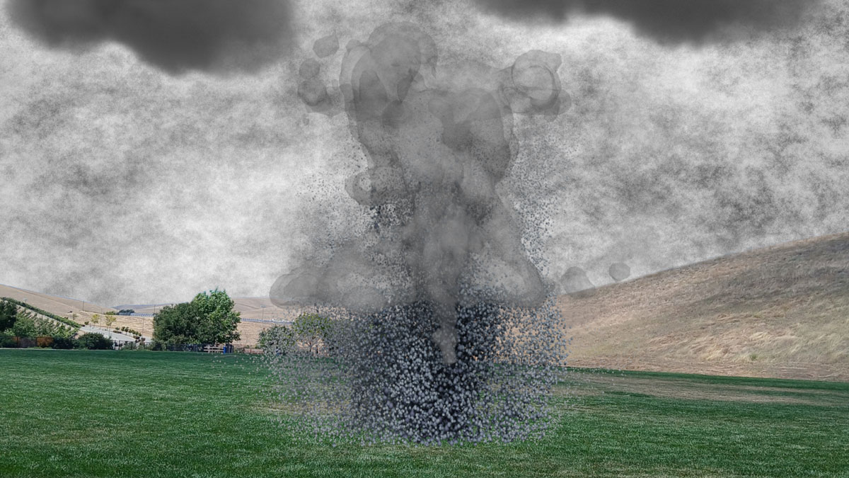 A collection of gray dots and watercolor-like droplets is clustered over the grass in a public park. The park background is a photo, and the cloud of dots was added with editing software.
