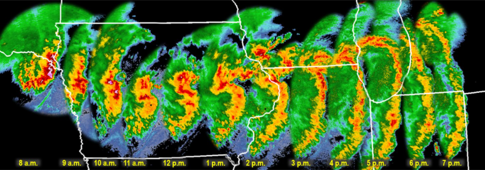 Radar showing the 10 August 2020 derecho at 1-hour time steps