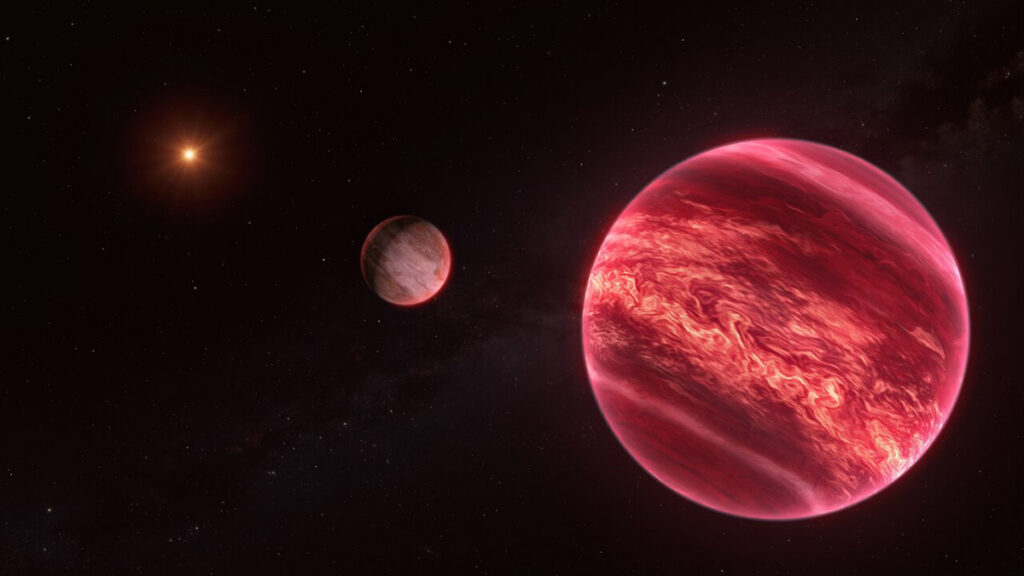 An artist’s depiction shows a glowing red extraterrestrial body in the foreground, a smaller brown object to the left, and a glowing star in the distance.