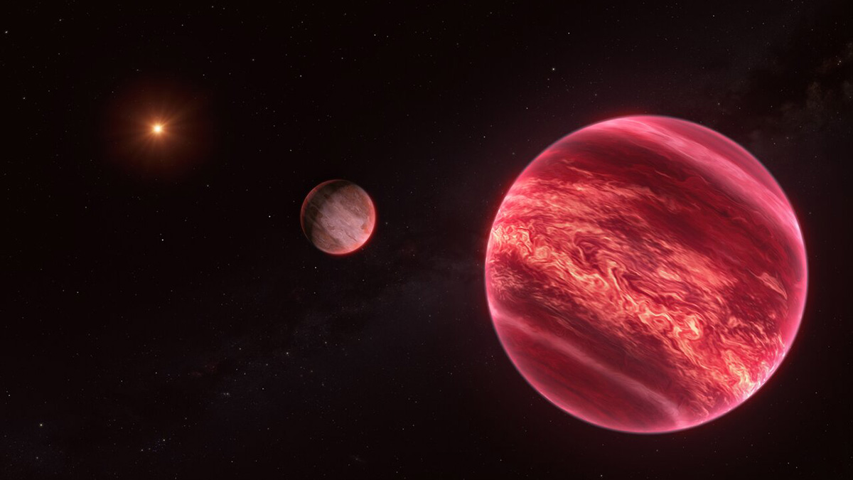 An artist’s depiction shows a glowing red extraterrestrial body in the foreground, a smaller brown object to the left, and a glowing star in the distance.