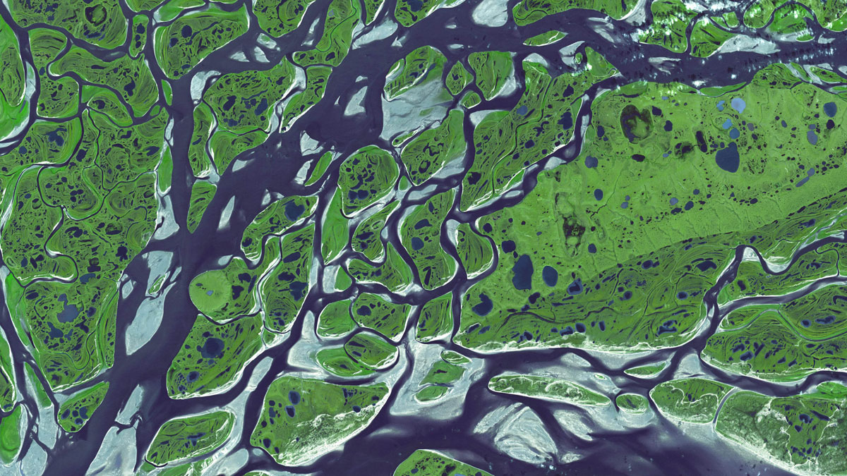A satellite image shows a blue river branching out many times over a green landscape, which is also dotted with pools of blue water.