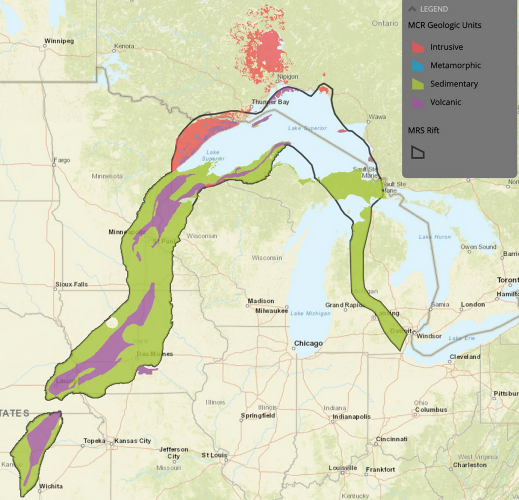 A map of the Great Lakes area shows where a rifting event occurred. The boundaries of the rifting event are marked by a black line, and types of rock within the boundaries are marked by different colors: intrusive rock is colored red, metamorphic rock is colored blue, volcanic rock is colored purple, and sedimentary rock is colored green.