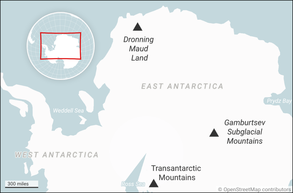 A map shows the locations of three mountain ranges in East Antarctica: Dronning Maud Land, the Gamburtsev Subglacial Mountains, and the Transantarctic Mountains.