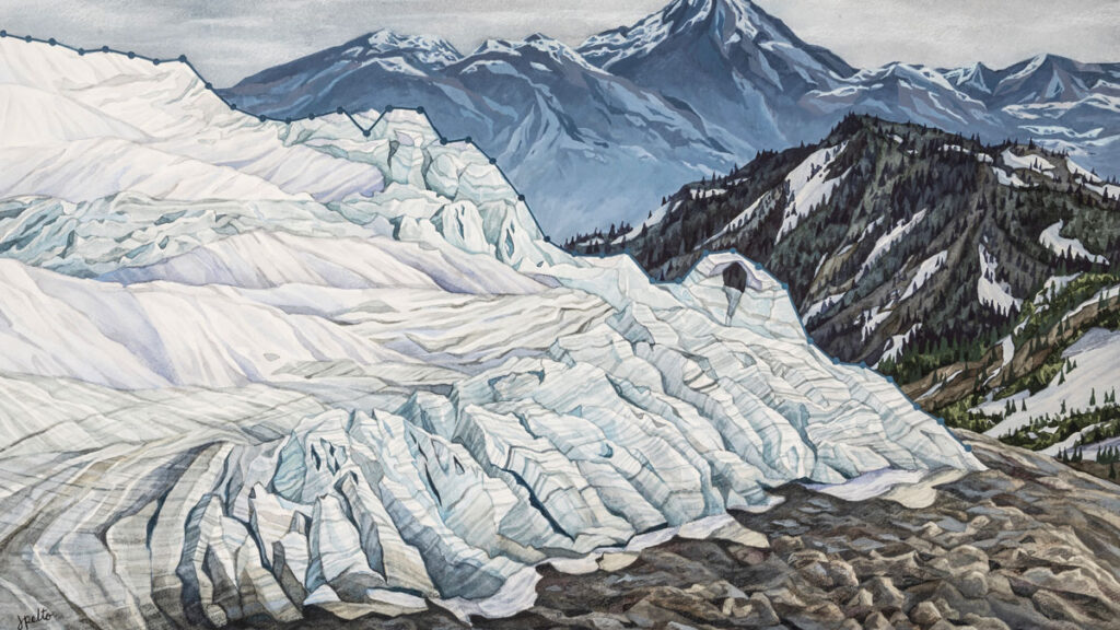 A painting depicts the surface of a glacier with mountains in the background. A graph depicting glacier mass from 1984 to 2022 outlines the top edge of the glacier surface.