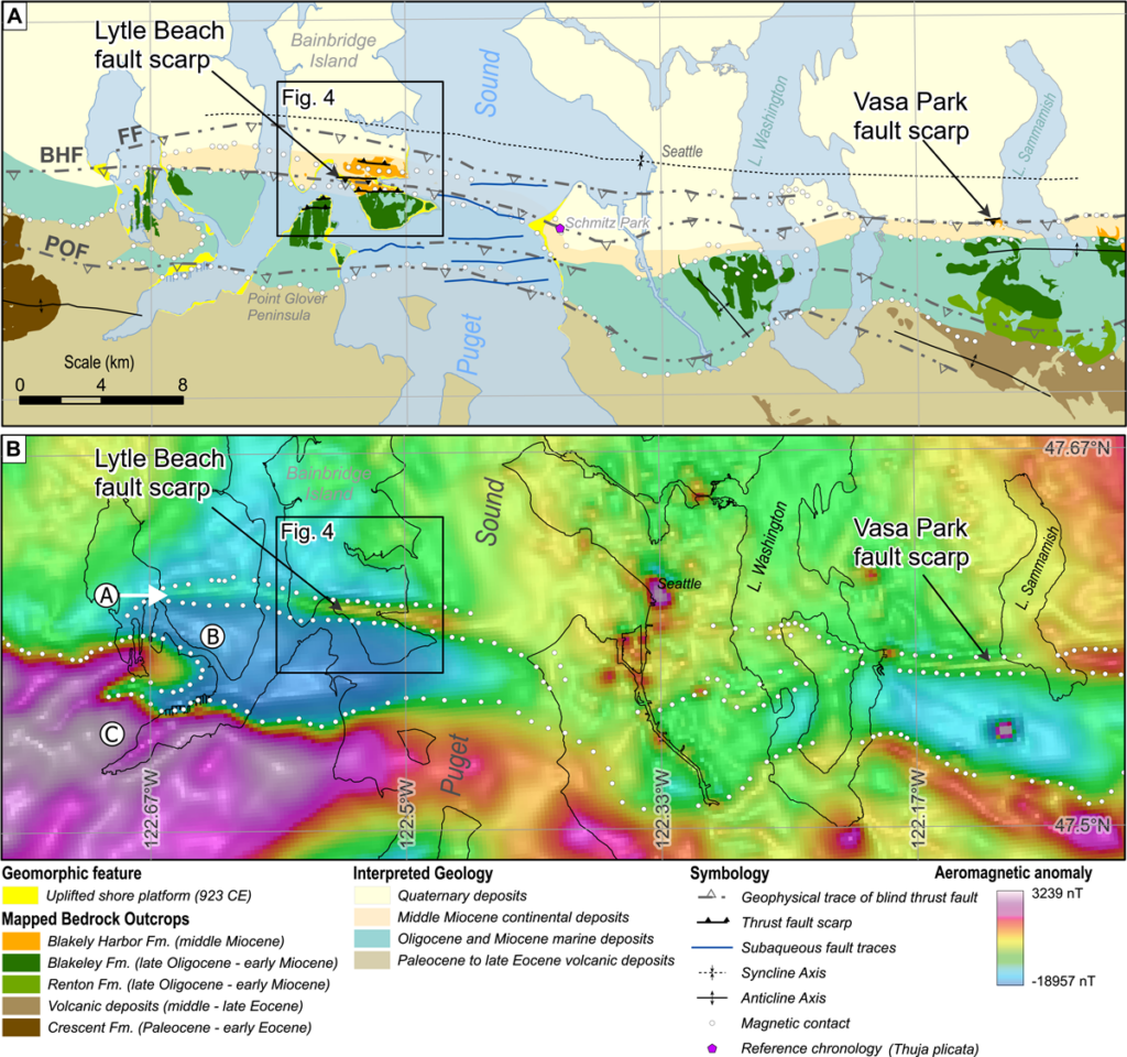 A map of the Seattle Fault Zone shows the Lytle Beach and Vasa Park fault scarps and the uplifted shore platform from the 923 CE earthquake. Color coding indicates the presence of features such as Quaternary deposits, continental deposits, marine deposits, volcanic deposits, and fault scarps.