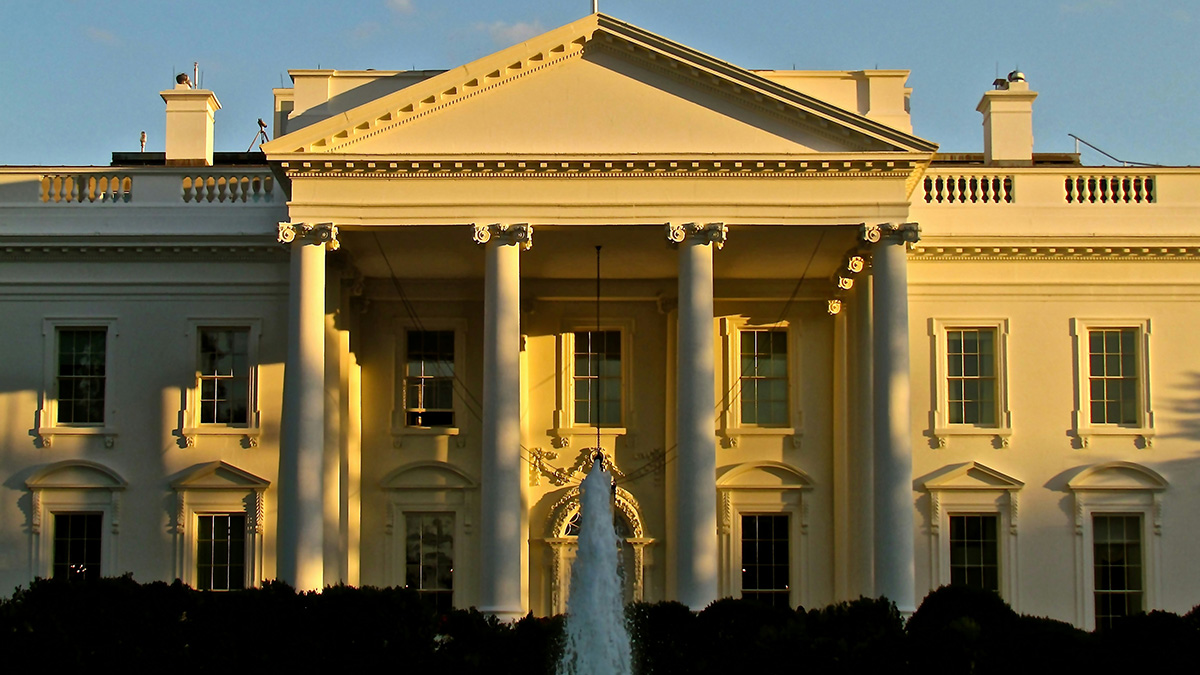 The White House is seen at golden hour.