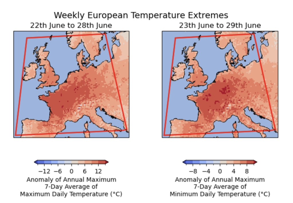 Two maps show the weekly average temperatures extremes for much of Europe, denoted with increasingly vivid shades of red. The maps indicate that from 22 June to 29 June, much of France experienced extreme heat.
