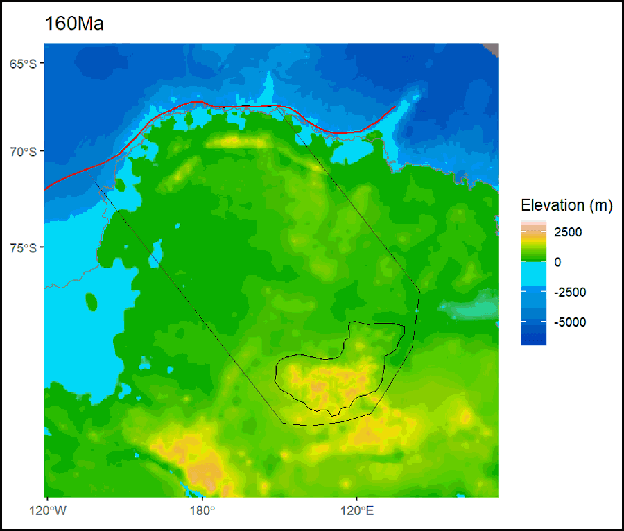 An animation shows the modeled uplift of East Antarctica from 160 million years ago to 34 million years ago. Over time, the region of the Gamburtsev Mountains increases in elevation.