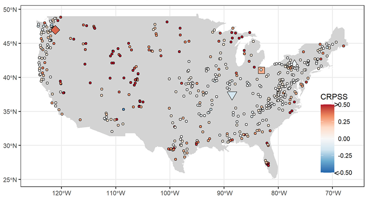 Map of the contiguous United States overlain with data points.