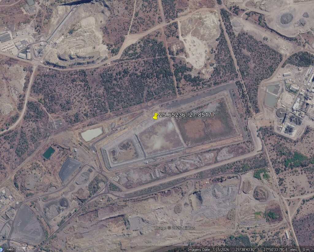 Google Earth image highlighting the site of the dam wall collapse responsible for the TSF failure at the Samancor Dikwena tailings storage facility near Brits