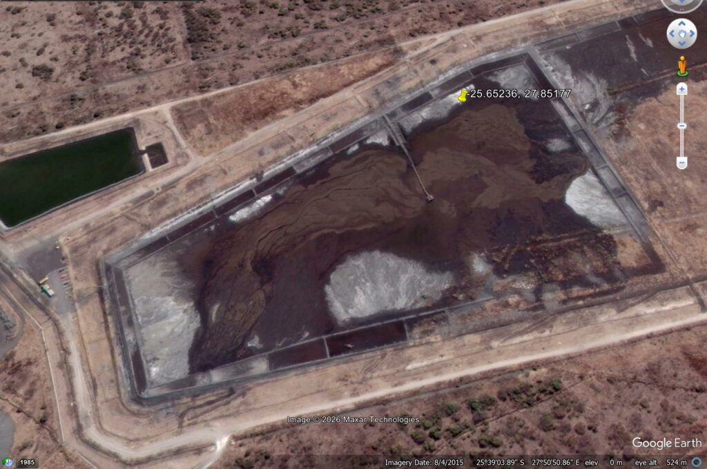 Google Earth image of the TSF that failed at the Samancor Dikwena tailings storage facility near Brits. Image from 2015.