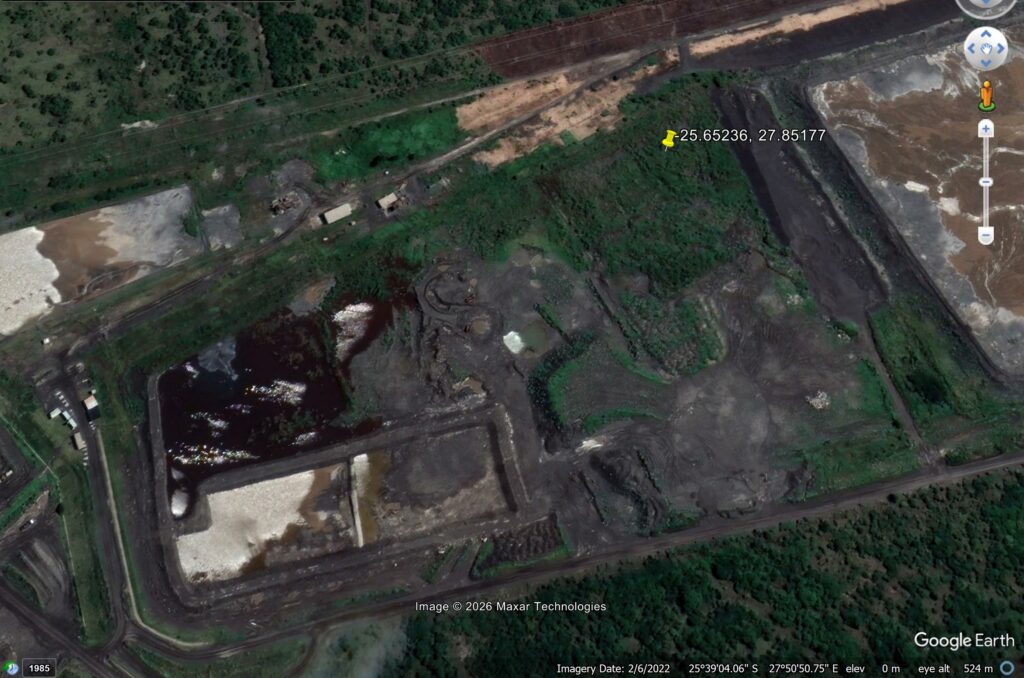 Google Earth image of the TSF that failed at the Samancor Dikwena tailings storage facility near Brits. Image from 2022.