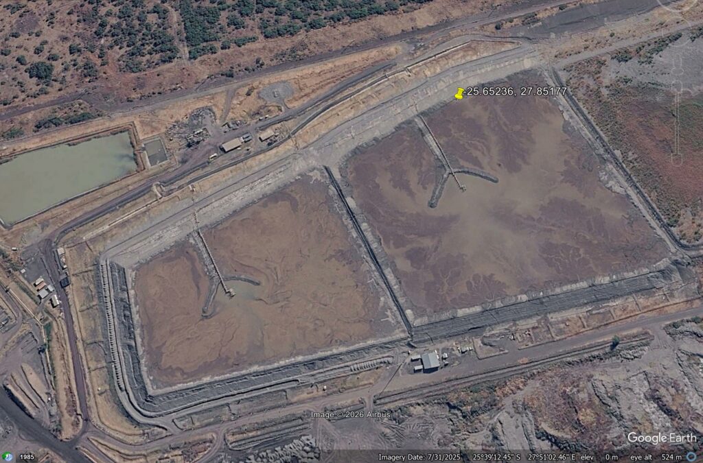 Google Earth image of the TSF that failed at the Samancor Dikwena tailings storage facility near Brits. Image from 2025.