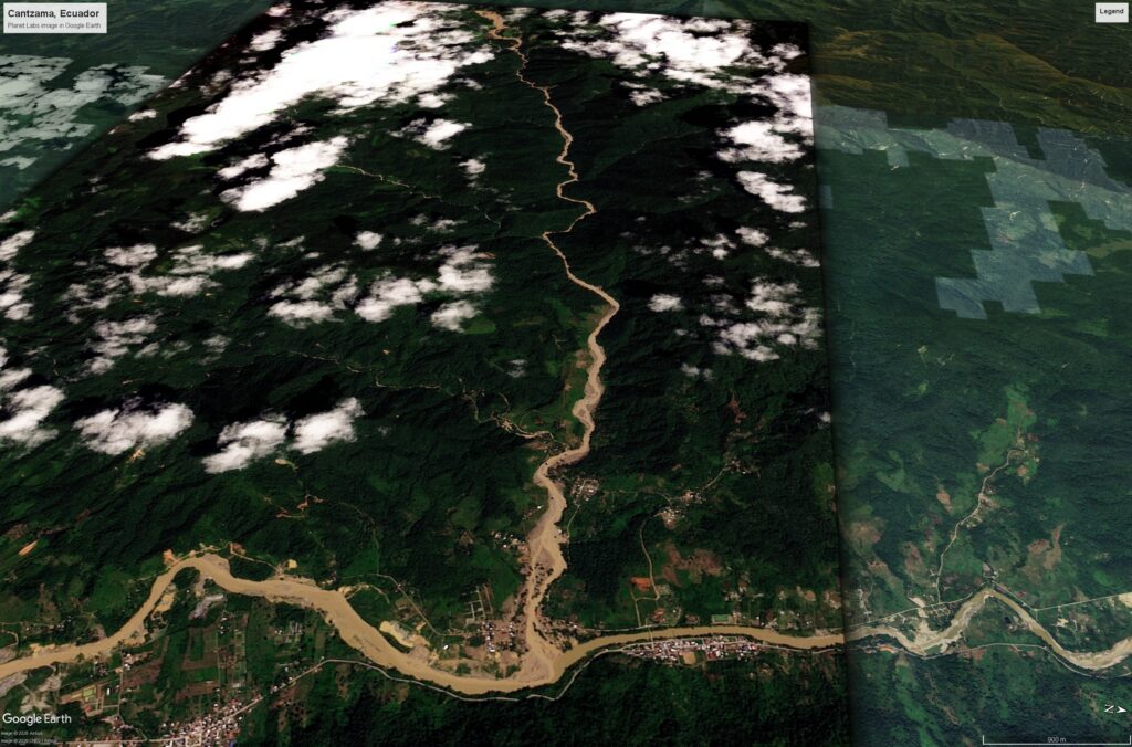 Planet Labs image of Cantzama in Ecuador, overlain into Google Earth, showing the aftermath of the landslide.
