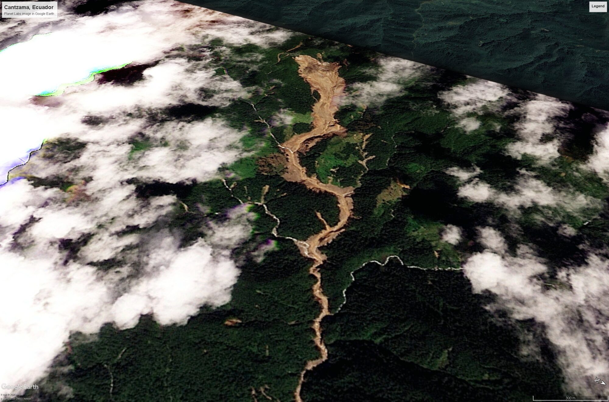 Planet Labs image of Cantzama in Ecuador, overlain into Google Earth, showing the landslide that triggered the catastrophic debris flow.