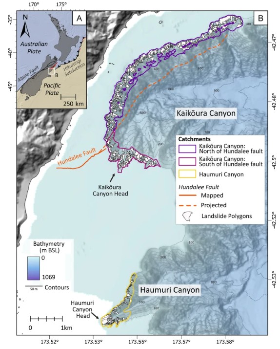 "A Tectonic setting of New Zealand with the Kaikōura study area outlined in white (extent of B). B Kaikōura and Haumuri canyon system with catchments: Kaikōura Canyon north of the Hundalee Fault (purple), Kaikōura Canyon south of the Hundalee Fault (raspberry), and Haumuri Canyon (yellow); Hundalee Fault mapped in solid orange and projected in dashed orange; mapped landslide polygons in black and white."