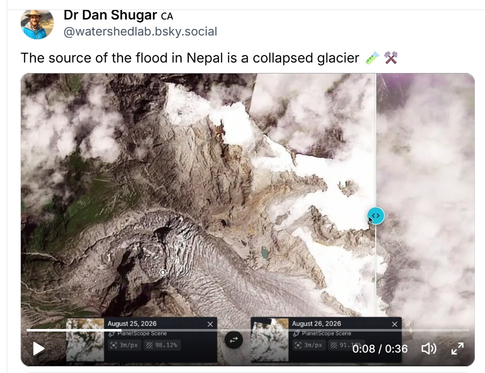 A Bluesky post by Dan Shugar showing the origin of the 26 August 2026 debris flow in Tibet and Nepal.