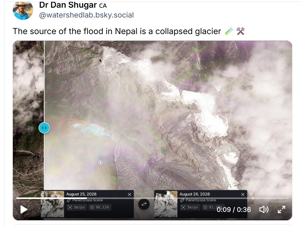 A Bluesky post by Dan Shugar showing the origin of the 26 August 2026 debris flow in Tibet and Nepal.