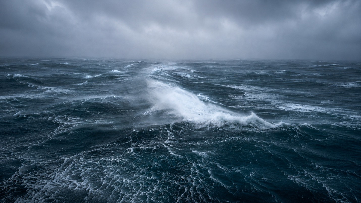 Photo of ocean waves below a stormy sky.