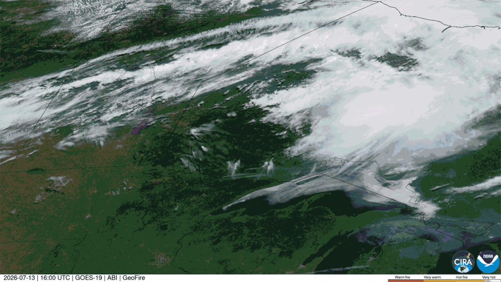 This gif shows satellite imagery of northern Minnesota and southern Ontario. Fires and smoke can be seen developing across the image.