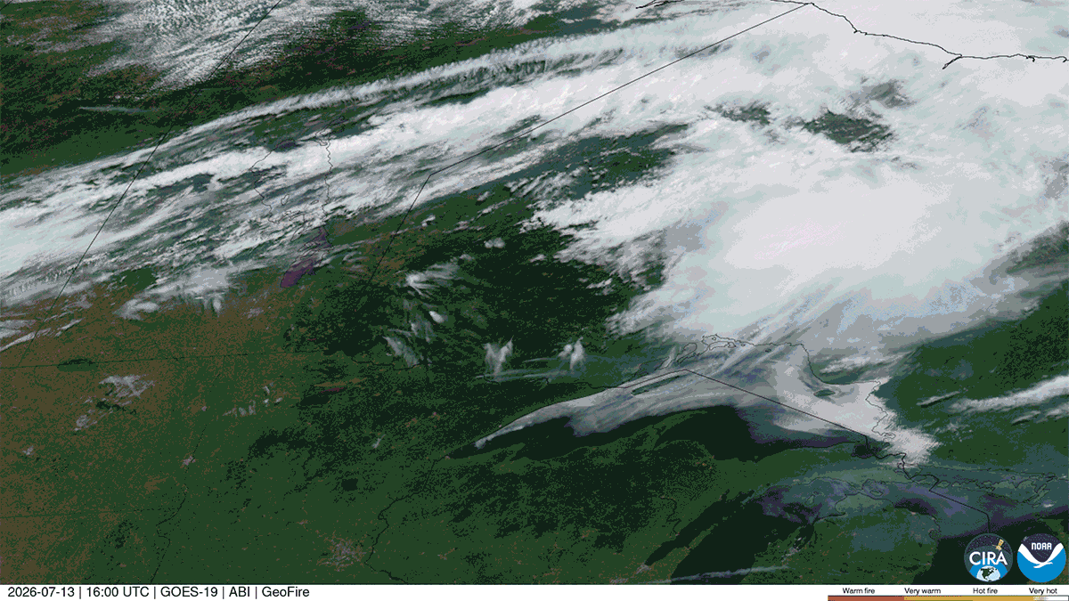 This gif shows satellite imagery of northern Minnesota and southern Ontario. Fires and smoke can be seen developing across the image.