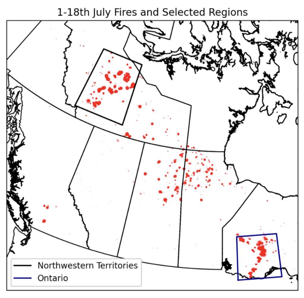 A map of Canadian provinces shows fire activity from 1-18 July, 2026. Fires, represented with red coloring, are concentrated in the center of the Northwest Territories and southern Ontario. 