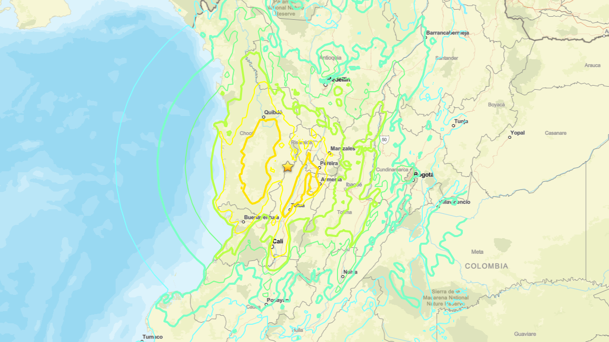 A map shows the epicenter of a magnitude 7.4 earthquake in Western Colombia.