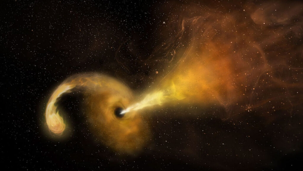 A black hole consumes a star and releases a jet of high-energy material.