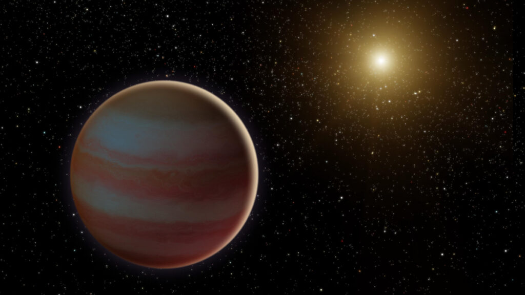 Illustration of a brown dwarf orbiting a yellow star