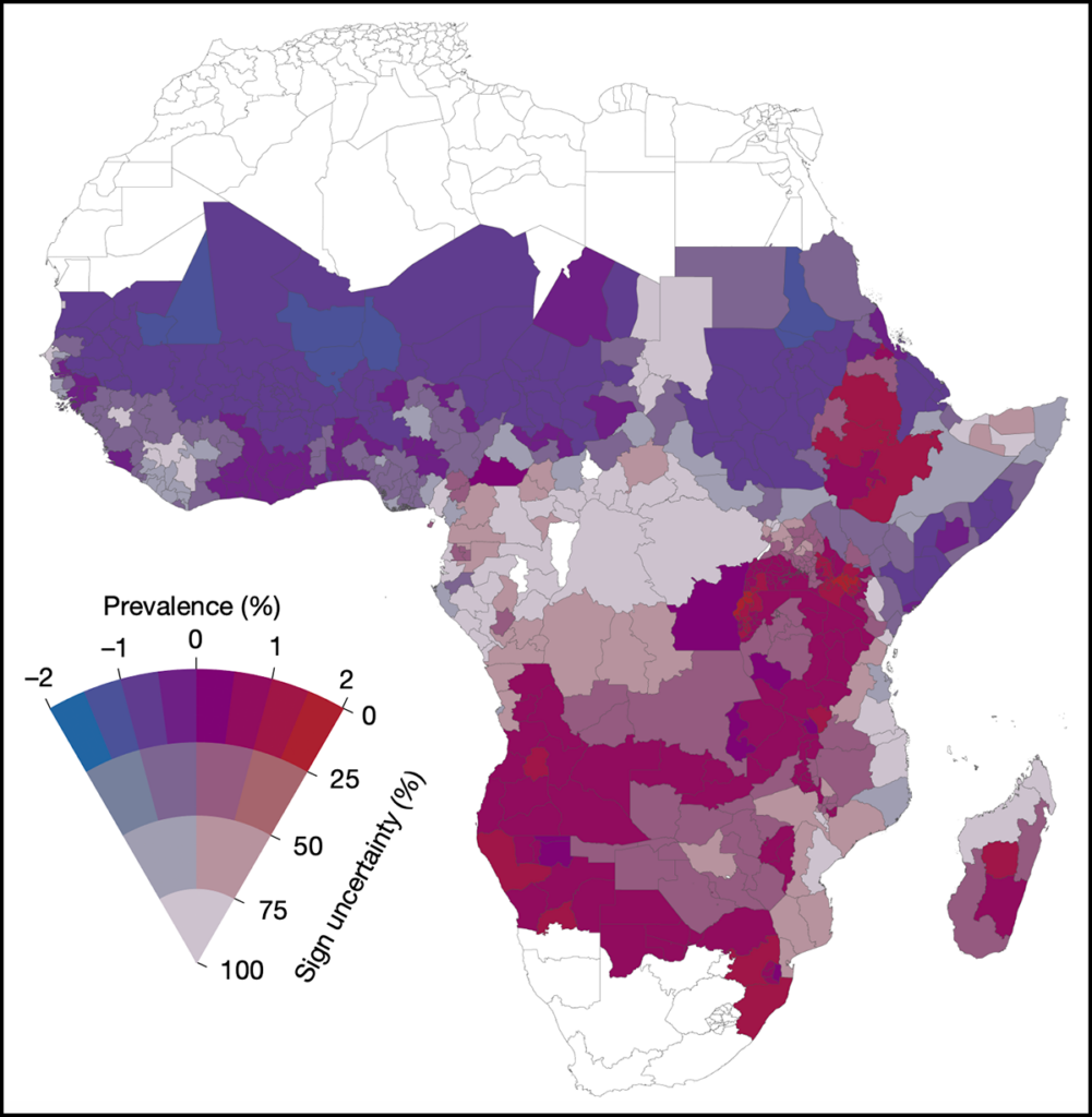 A map of Africa shows administrative-unit-scale changes in the prevalence of childhood malaria in sub-Saharan Africa that are attributable to climate change. Decreases in prevalence are shown with blue coloring, and increases in prevalence are shown with red coloring. Central, southern, and East Africa are colored mostly red, and West Africa is colored mostly blue.