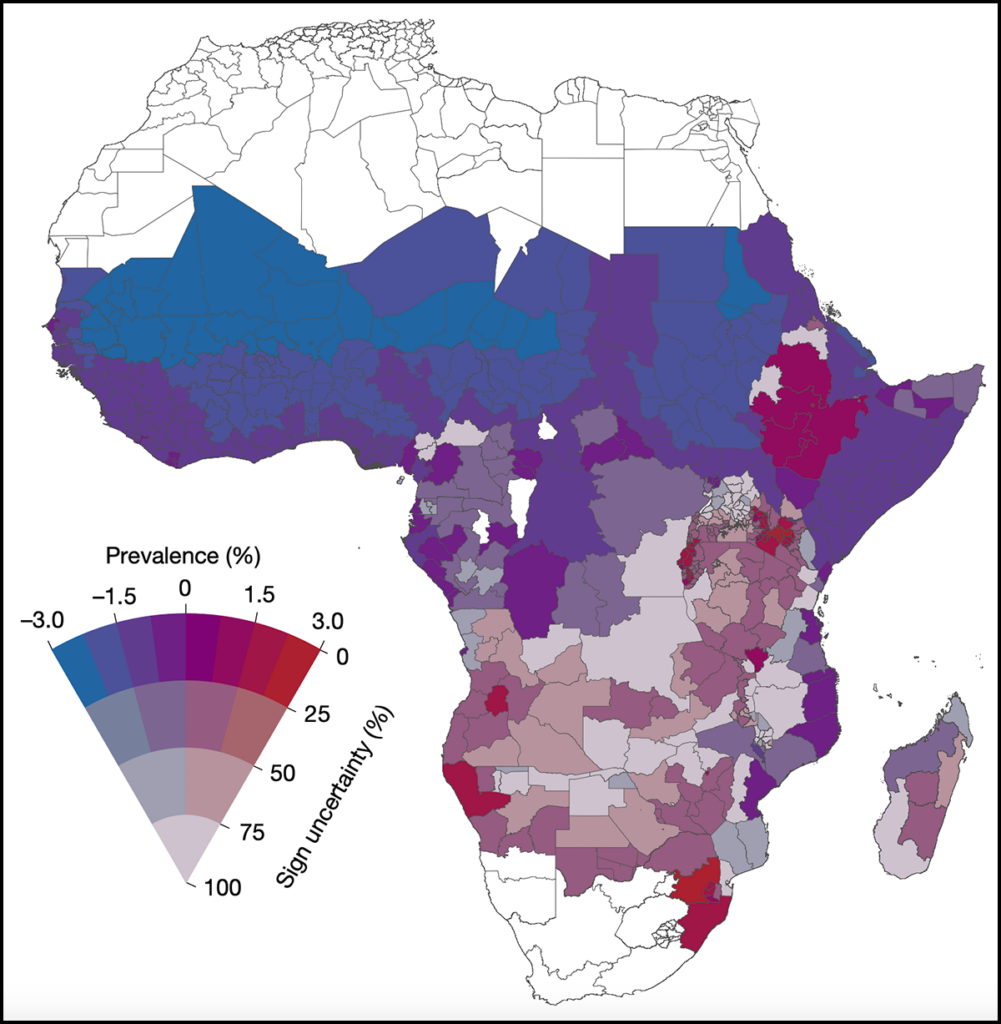 A map of Africa shows administrative-unit-level projections of how childhood malaria prevalence will change by 2100. A decrease in prevalence is shown with blue coloring, and an increase in prevalence is shown with red coloring; no change is shown with purple coloring. West Africa is colored mostly blue, and parts of central, East, and southern Africa are colored purple and red, though there is some uncertainty in the projections.