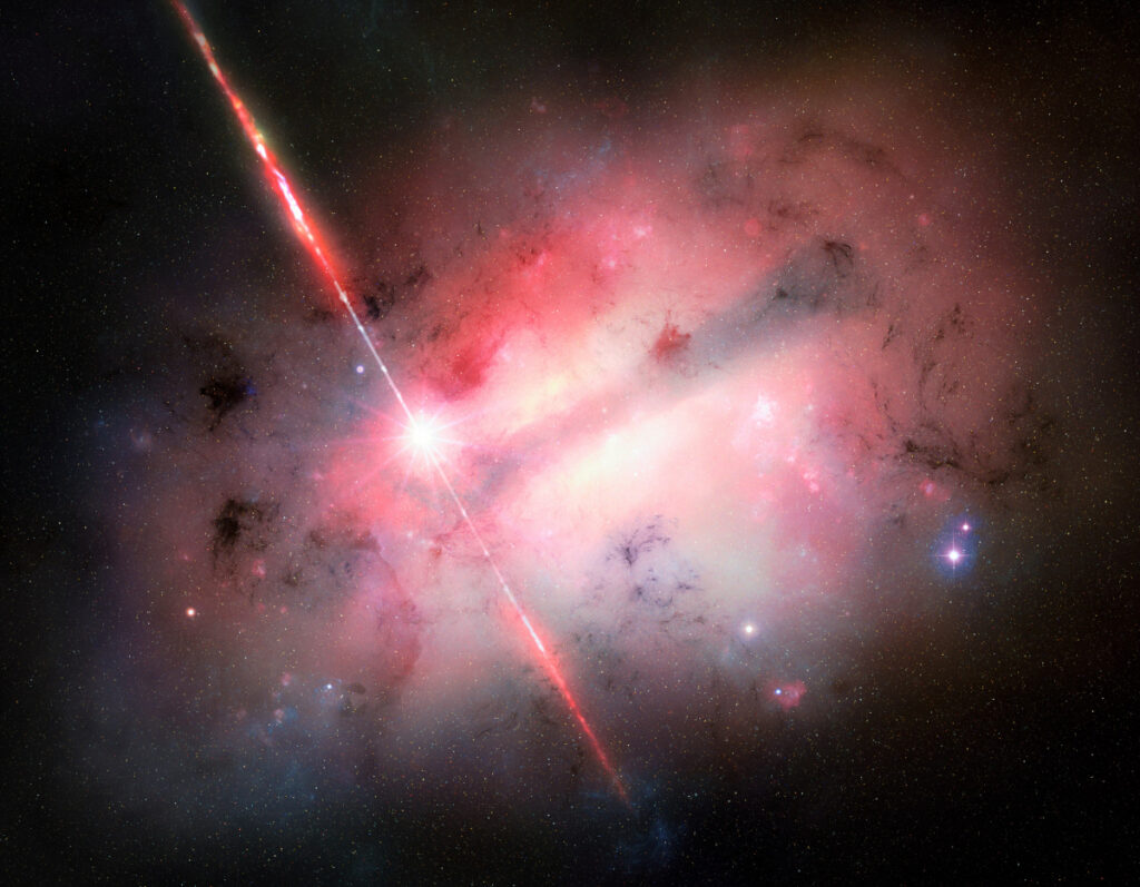 Illustration of a bright red-white burst of light amid a red-pink nebula with many bright stars surrounding it.
