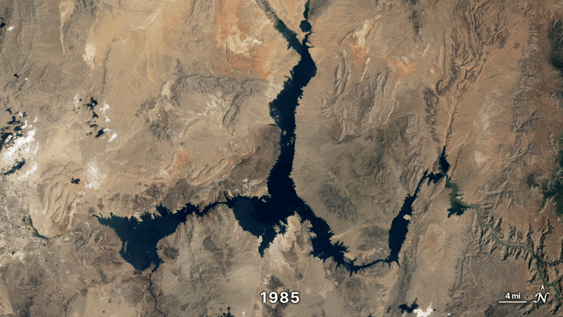 An animation of satellite images shows water level changes to Lake Mead between 1985 and 2025.