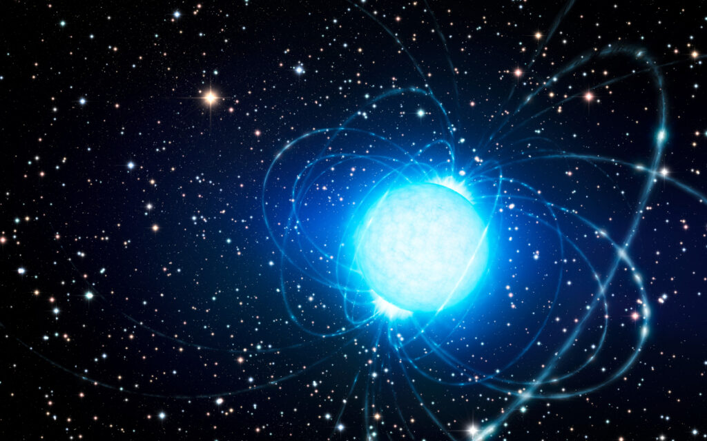 A bright blue star with magnetic field likes wrapping around it