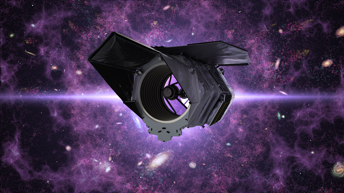 A space telescope in front of a purple nebula strewn with stars and galaxies