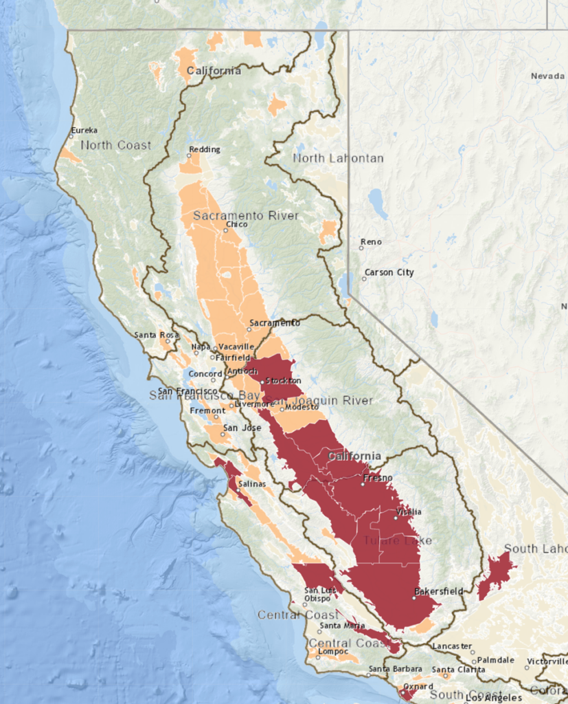 A map of the big basins of California: Sacramento River Basin, San Joaquin River Basin, Tulare Basin, North Coast Basin, North Lahontan Basin, San Francisco Bay, Central Coast Basin, South Coast Basin, and South Lahontan Basin. Critically overdrafted subbasins are colored in red, and high-priority basins that are not yet designated as critically overdrafted are colored in light orange.