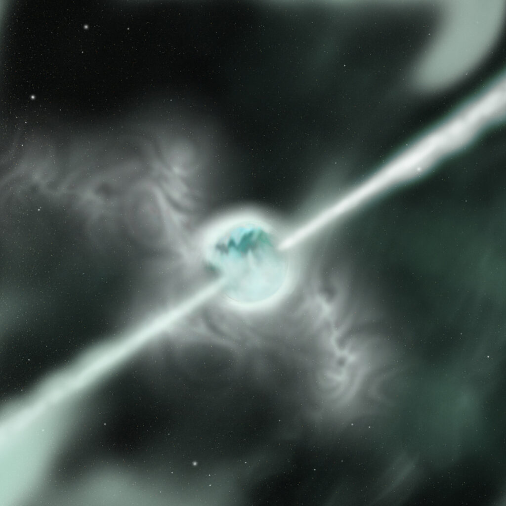 A wavery blue sphere of material with two jets of white emerging from opposite sides