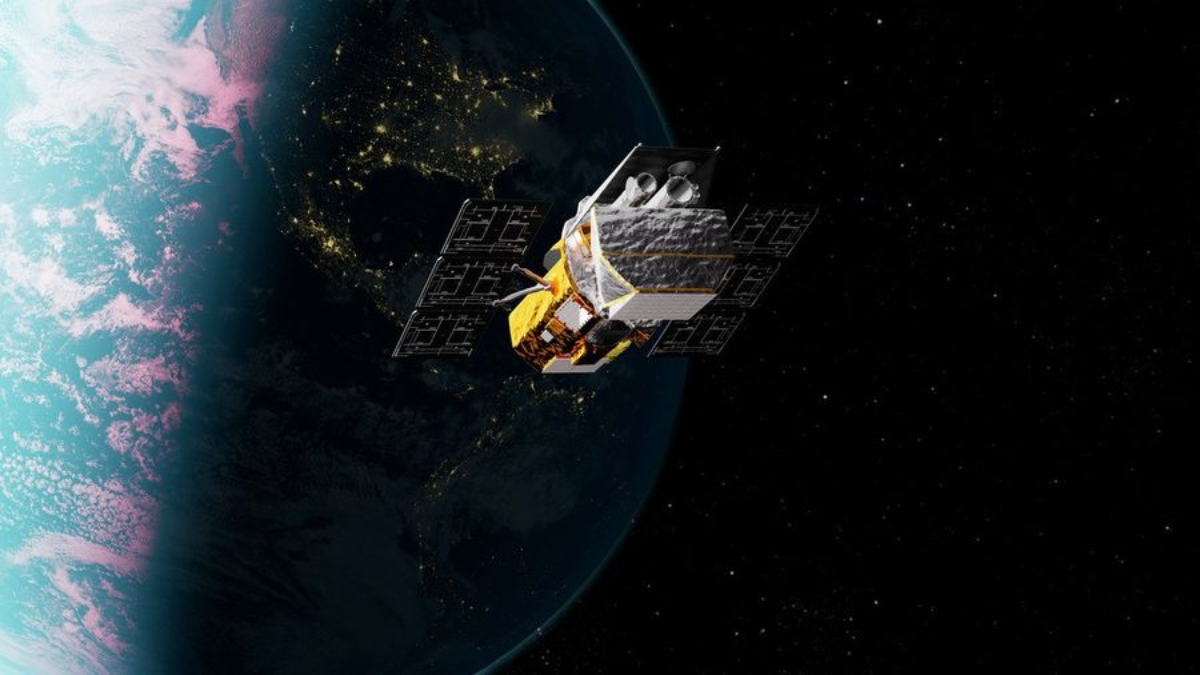 An illustration of a white and gold spacecraft over a partially illuminated Earth
